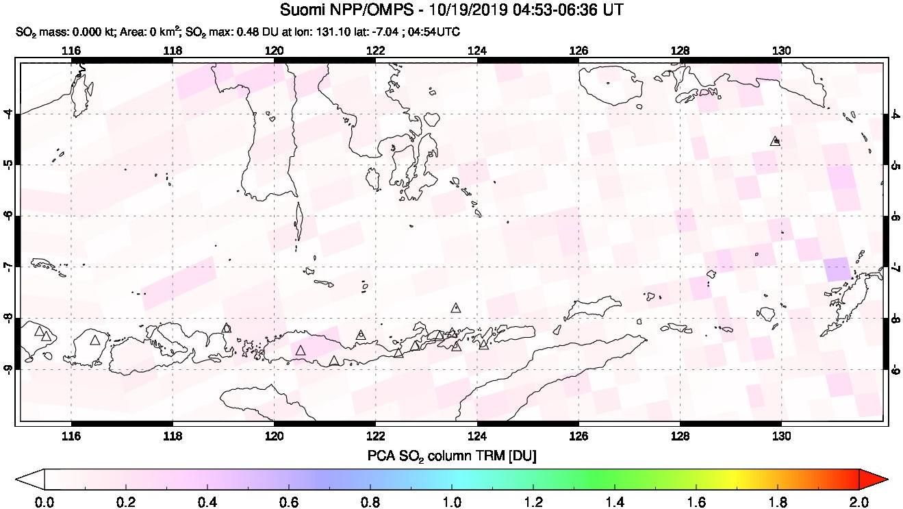 A sulfur dioxide image over Lesser Sunda Islands, Indonesia on Oct 19, 2019.