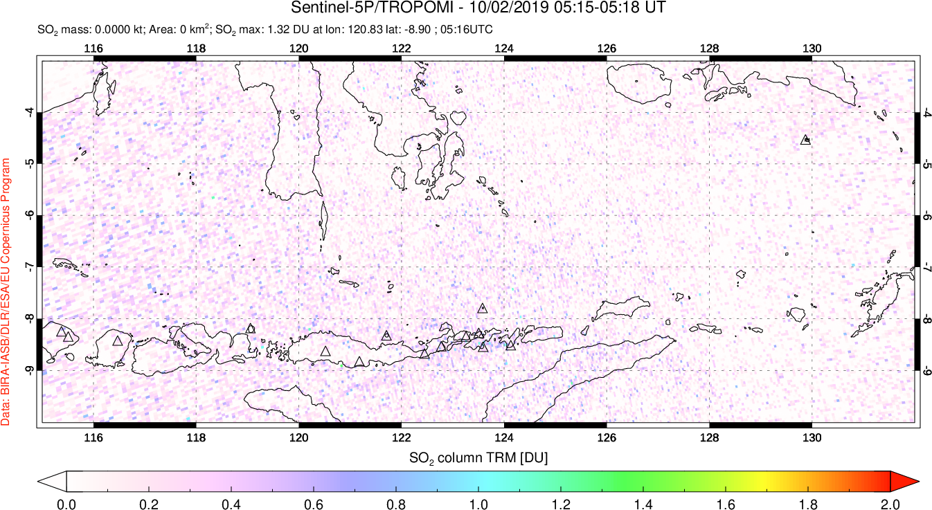 A sulfur dioxide image over Lesser Sunda Islands, Indonesia on Oct 02, 2019.