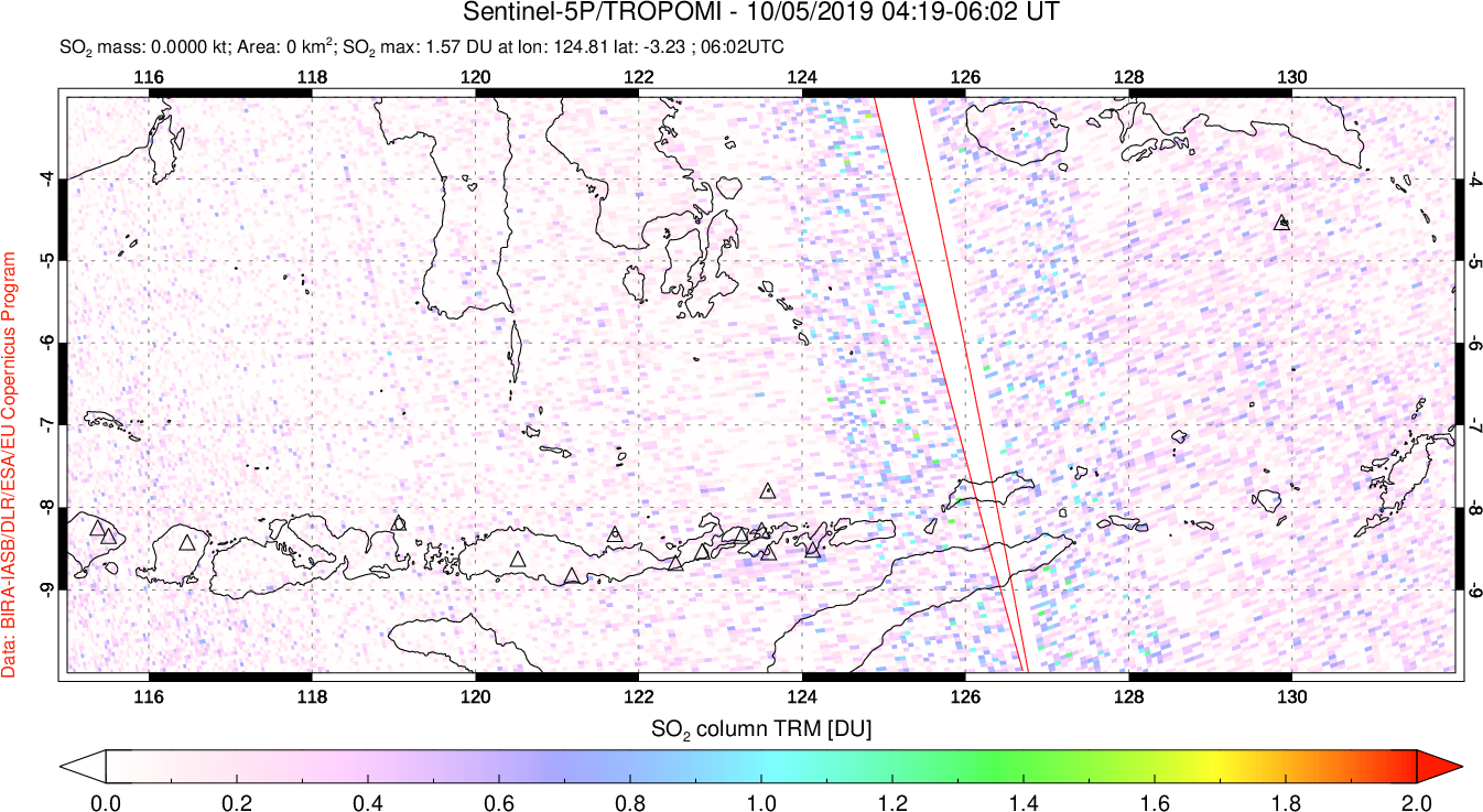 A sulfur dioxide image over Lesser Sunda Islands, Indonesia on Oct 05, 2019.