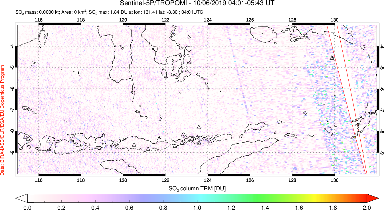 A sulfur dioxide image over Lesser Sunda Islands, Indonesia on Oct 06, 2019.