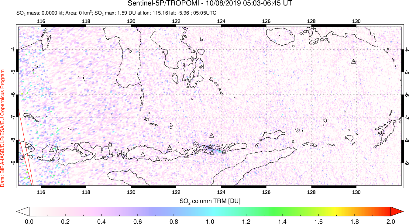 A sulfur dioxide image over Lesser Sunda Islands, Indonesia on Oct 08, 2019.
