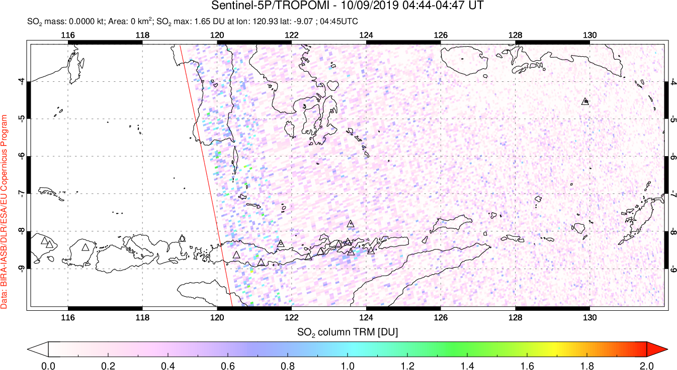 A sulfur dioxide image over Lesser Sunda Islands, Indonesia on Oct 09, 2019.