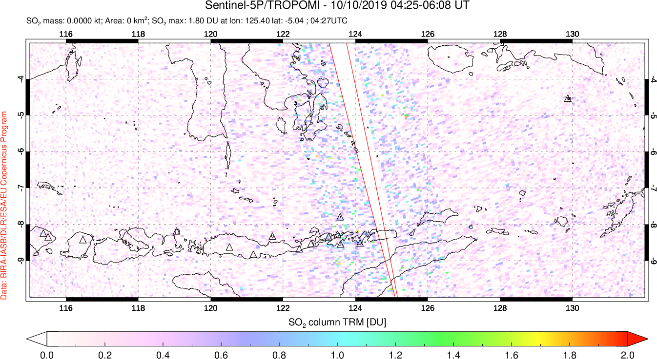 A sulfur dioxide image over Lesser Sunda Islands, Indonesia on Oct 10, 2019.