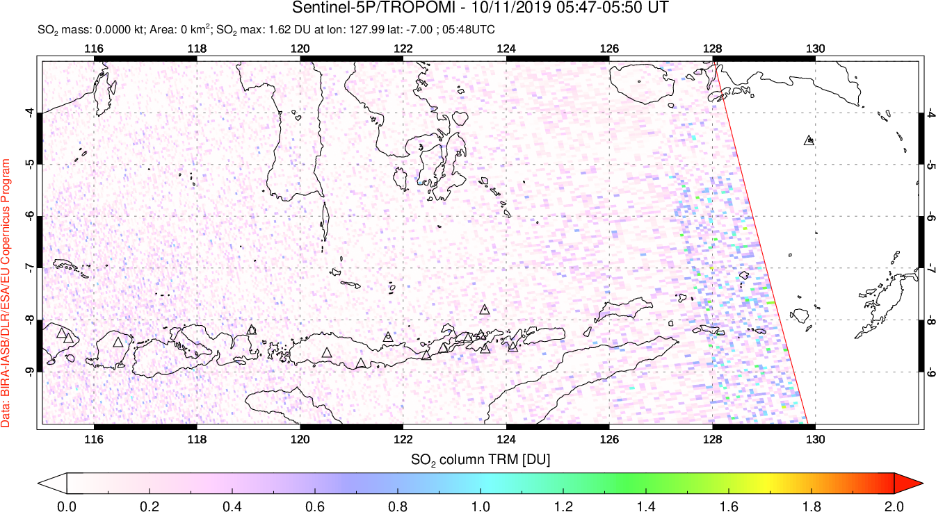 A sulfur dioxide image over Lesser Sunda Islands, Indonesia on Oct 11, 2019.