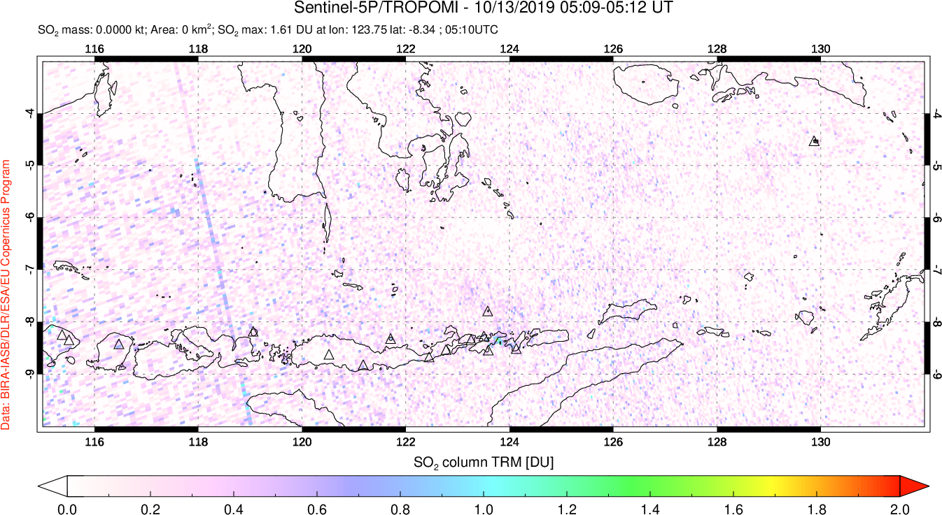 A sulfur dioxide image over Lesser Sunda Islands, Indonesia on Oct 13, 2019.