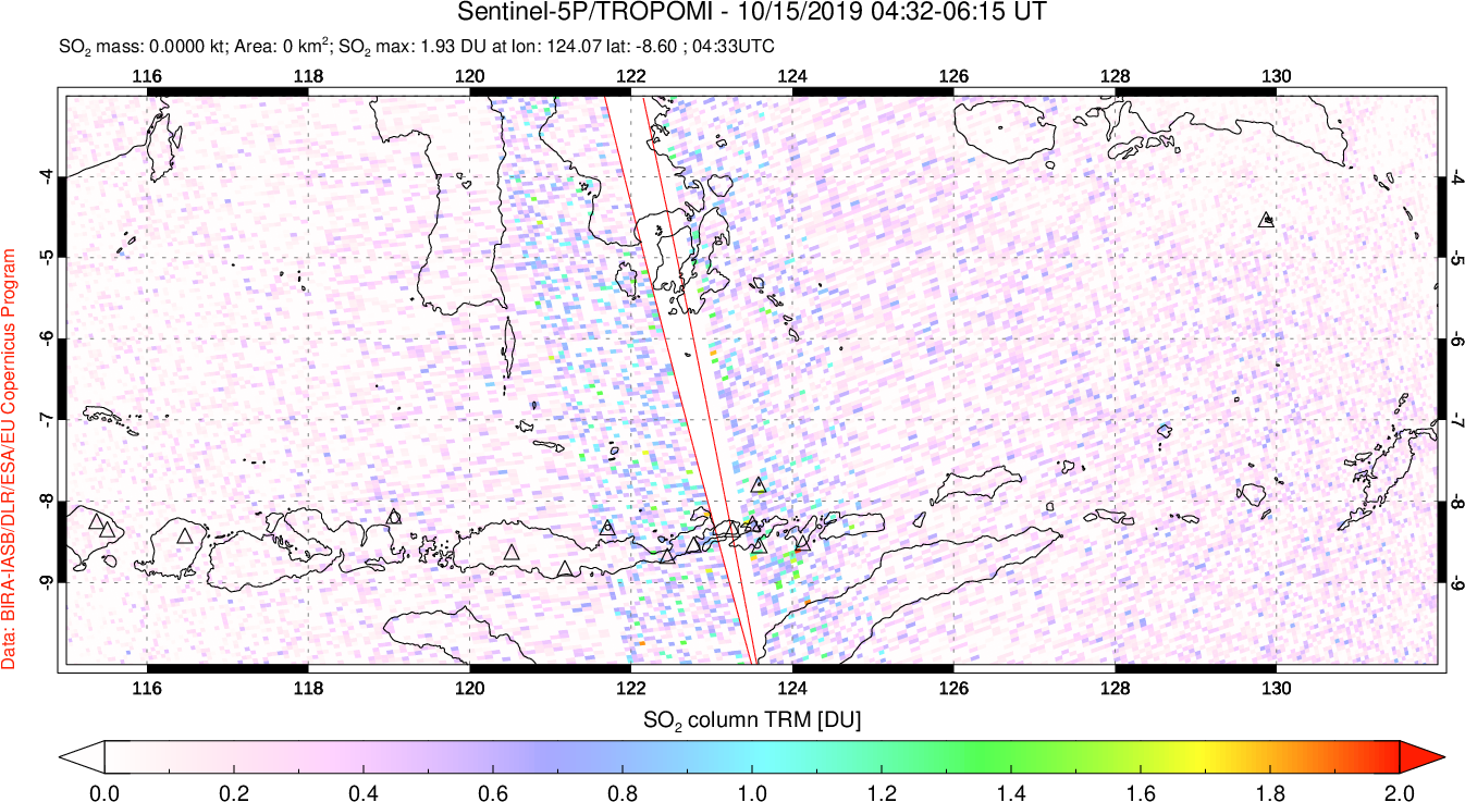 A sulfur dioxide image over Lesser Sunda Islands, Indonesia on Oct 15, 2019.