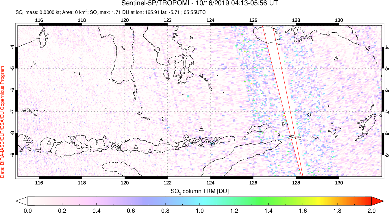 A sulfur dioxide image over Lesser Sunda Islands, Indonesia on Oct 16, 2019.