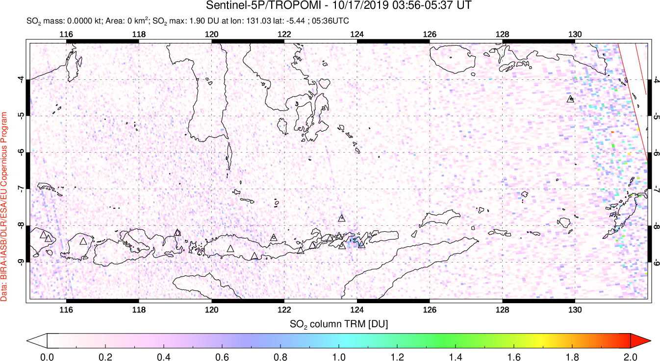A sulfur dioxide image over Lesser Sunda Islands, Indonesia on Oct 17, 2019.