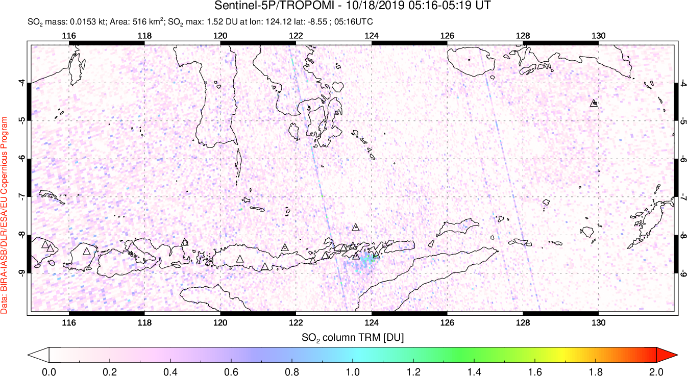 A sulfur dioxide image over Lesser Sunda Islands, Indonesia on Oct 18, 2019.