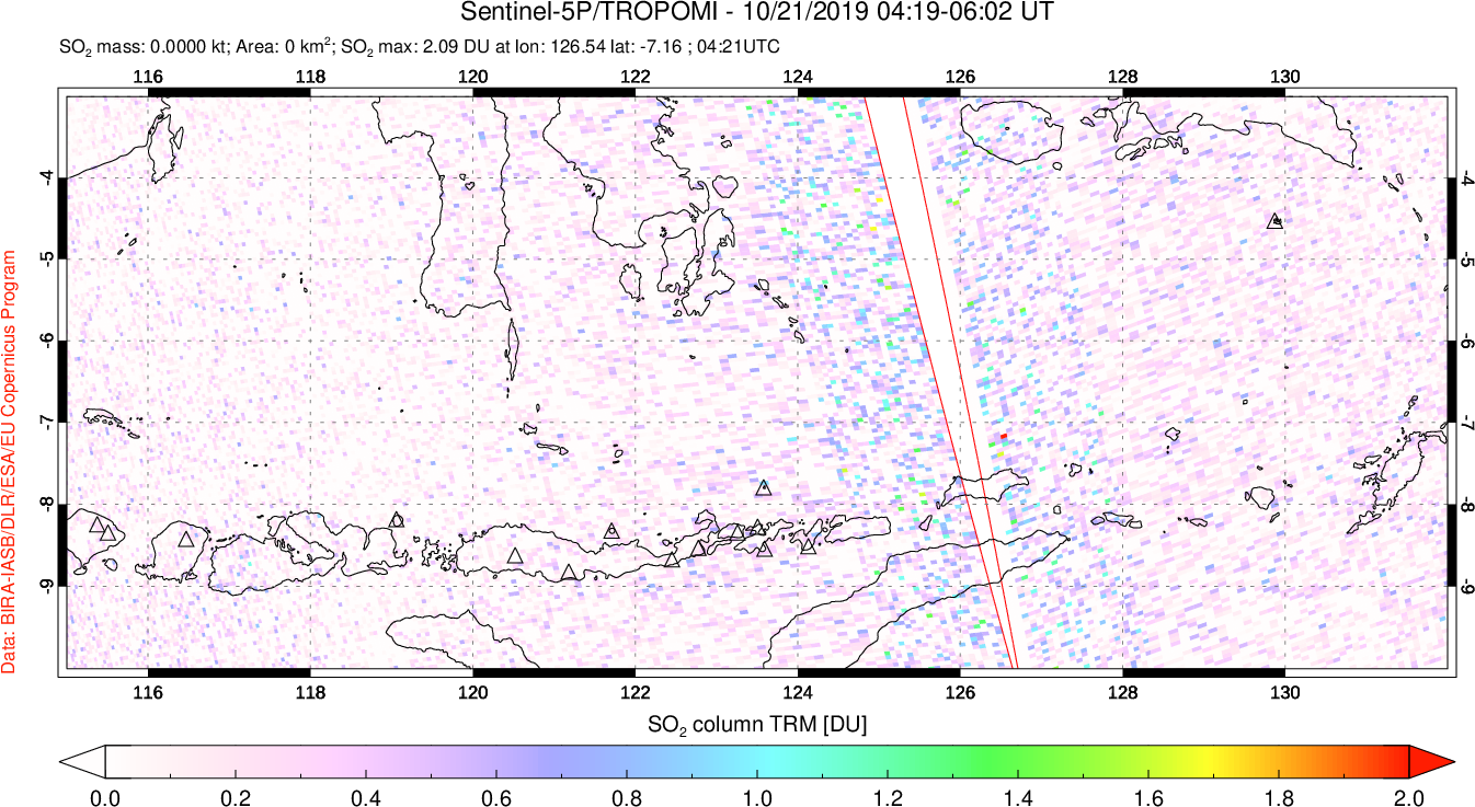 A sulfur dioxide image over Lesser Sunda Islands, Indonesia on Oct 21, 2019.