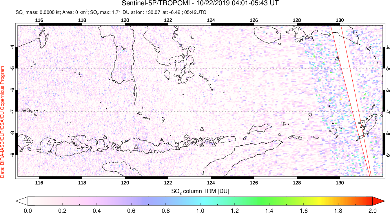 A sulfur dioxide image over Lesser Sunda Islands, Indonesia on Oct 22, 2019.