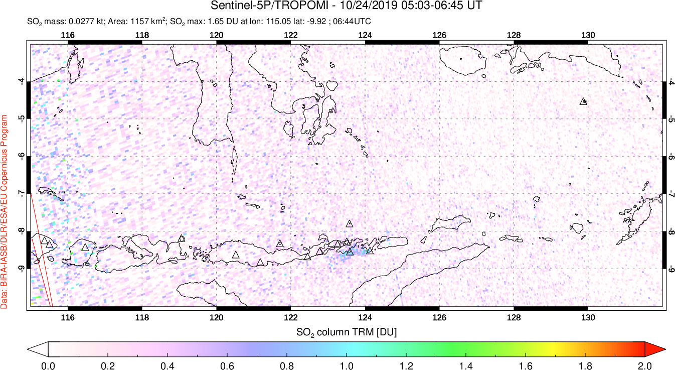 A sulfur dioxide image over Lesser Sunda Islands, Indonesia on Oct 24, 2019.