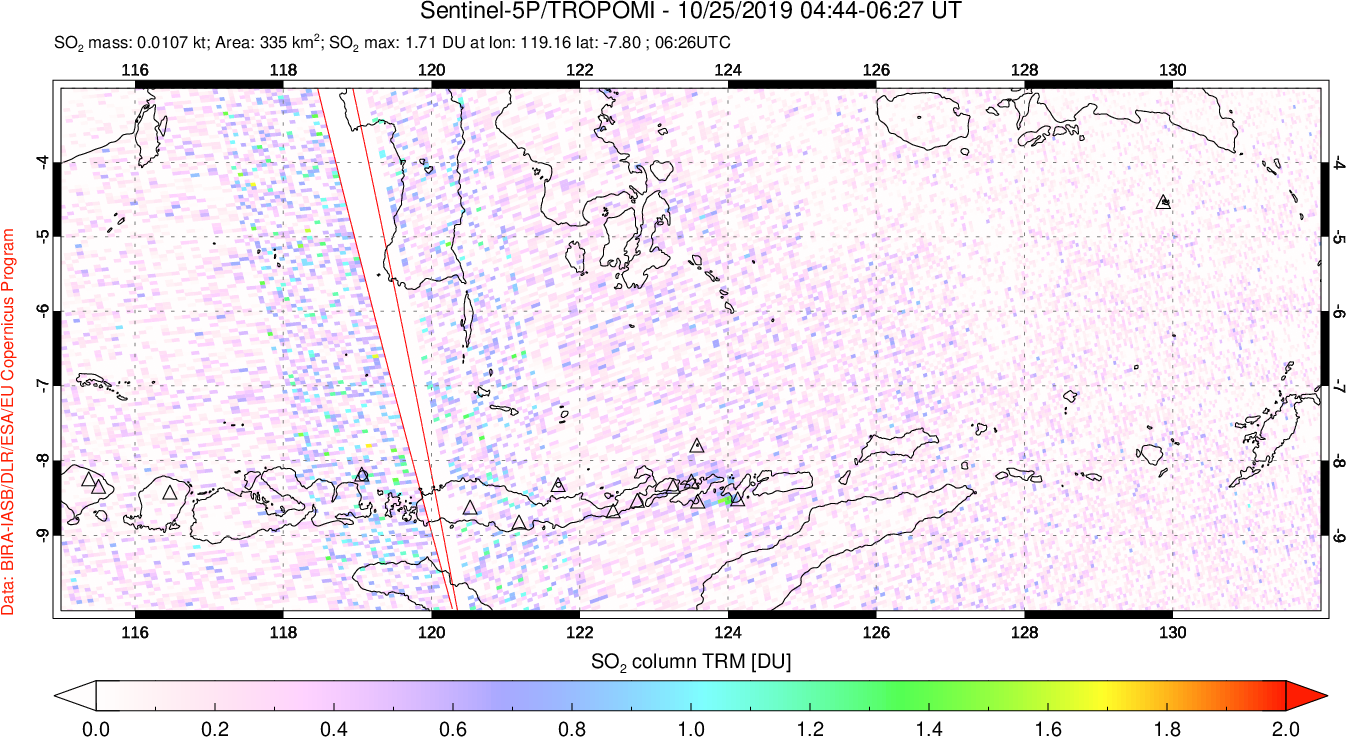 A sulfur dioxide image over Lesser Sunda Islands, Indonesia on Oct 25, 2019.