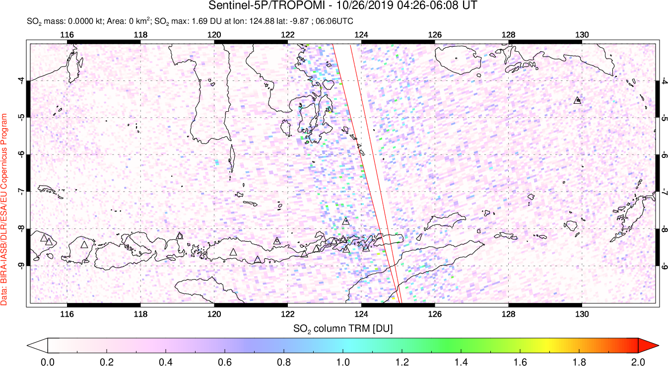 A sulfur dioxide image over Lesser Sunda Islands, Indonesia on Oct 26, 2019.