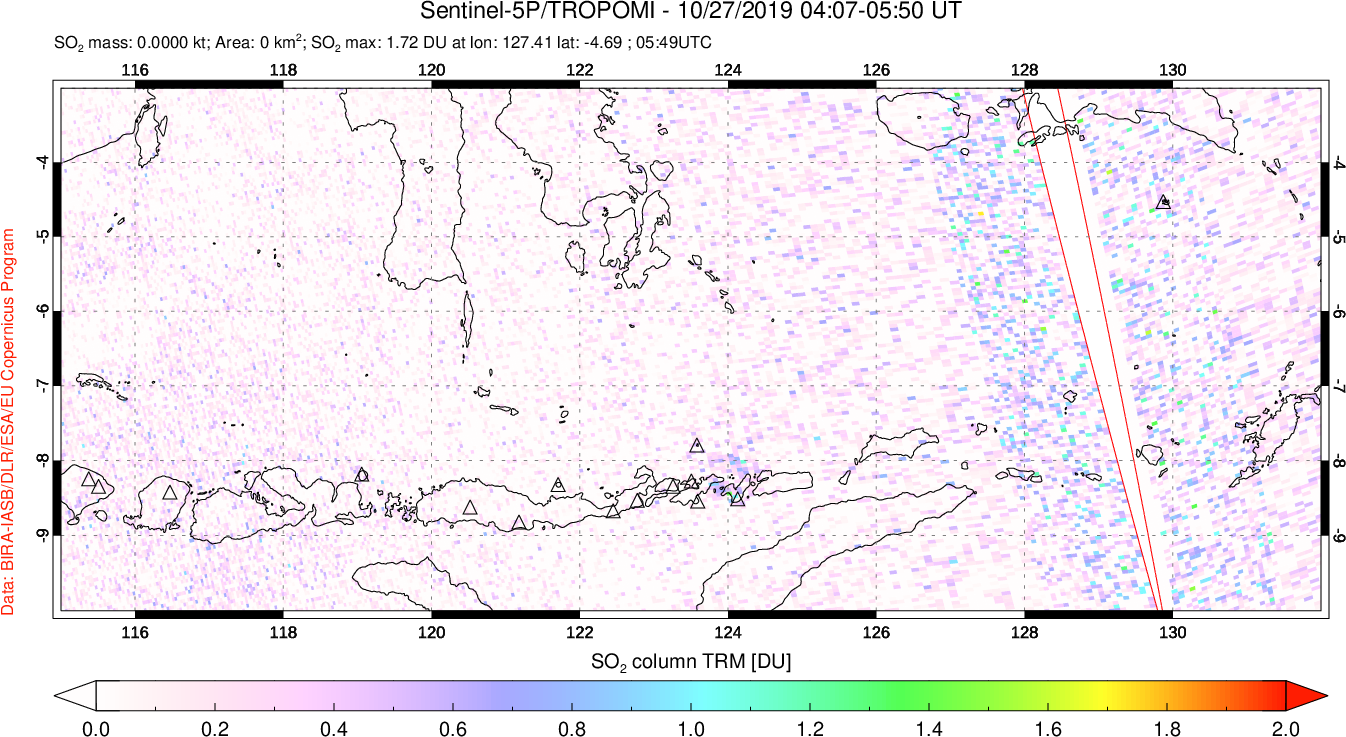 A sulfur dioxide image over Lesser Sunda Islands, Indonesia on Oct 27, 2019.