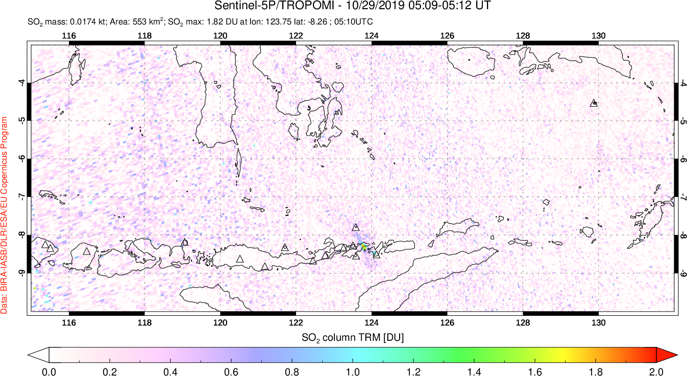 A sulfur dioxide image over Lesser Sunda Islands, Indonesia on Oct 29, 2019.