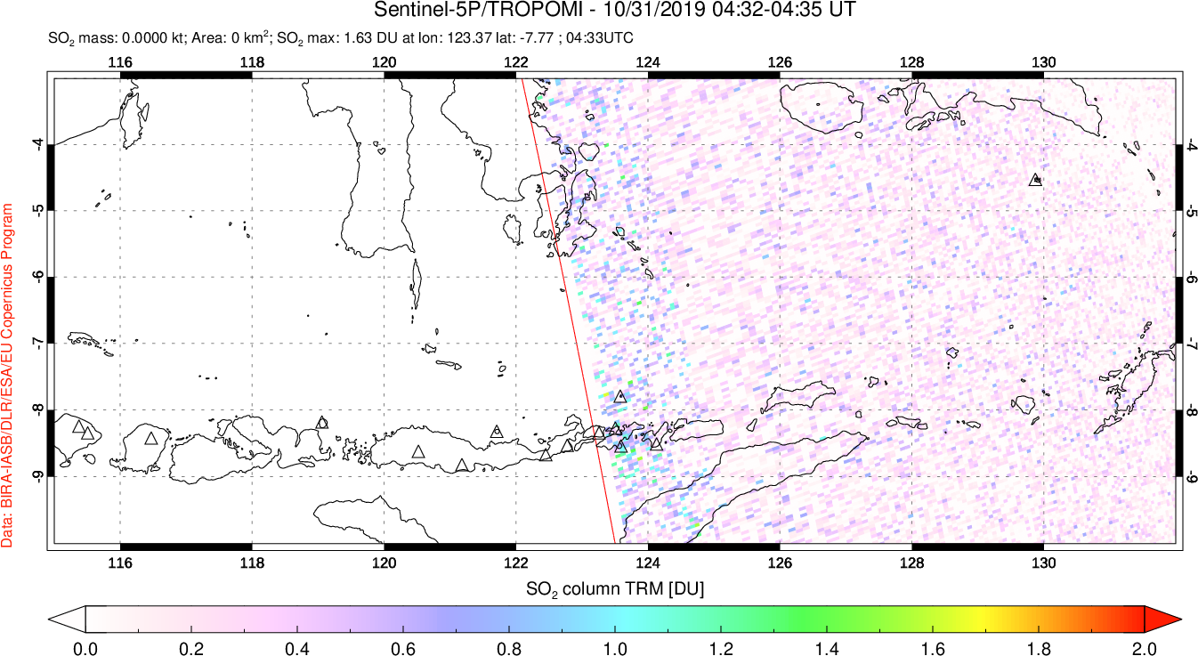 A sulfur dioxide image over Lesser Sunda Islands, Indonesia on Oct 31, 2019.