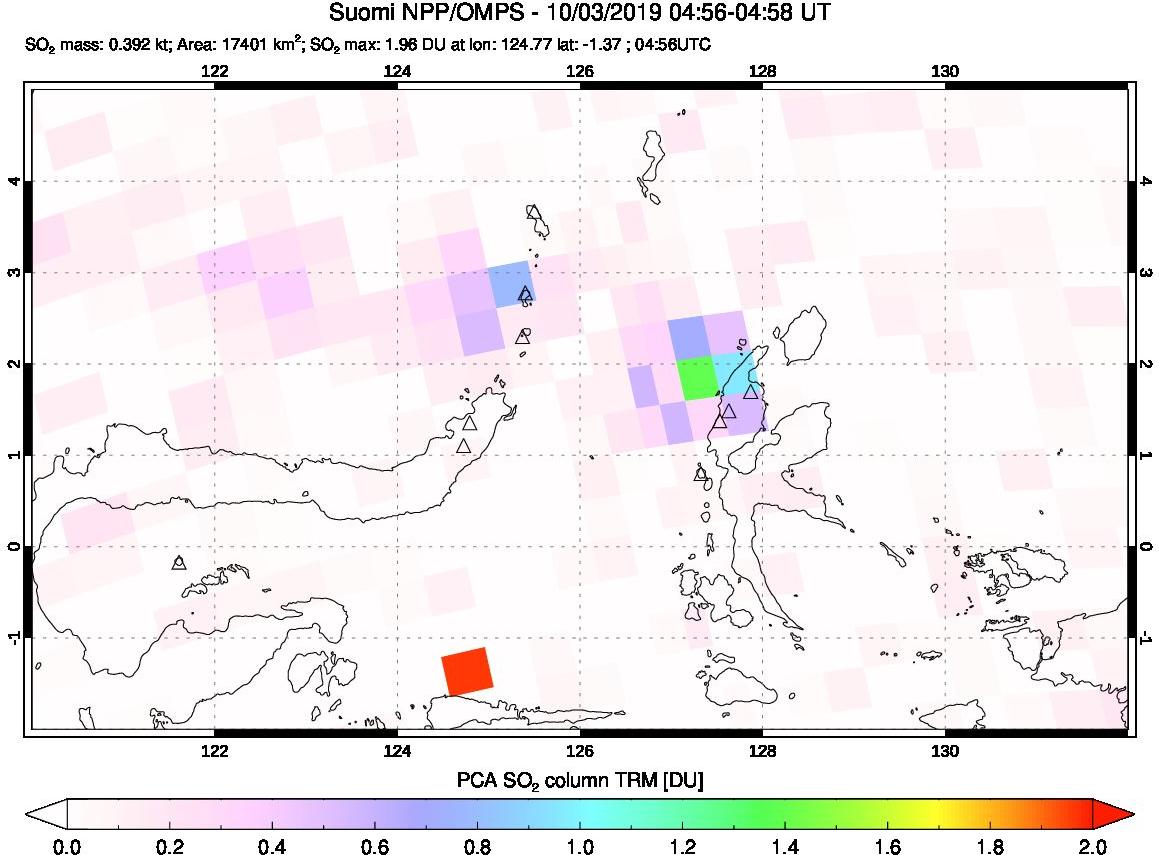 A sulfur dioxide image over Northern Sulawesi & Halmahera, Indonesia on Oct 03, 2019.