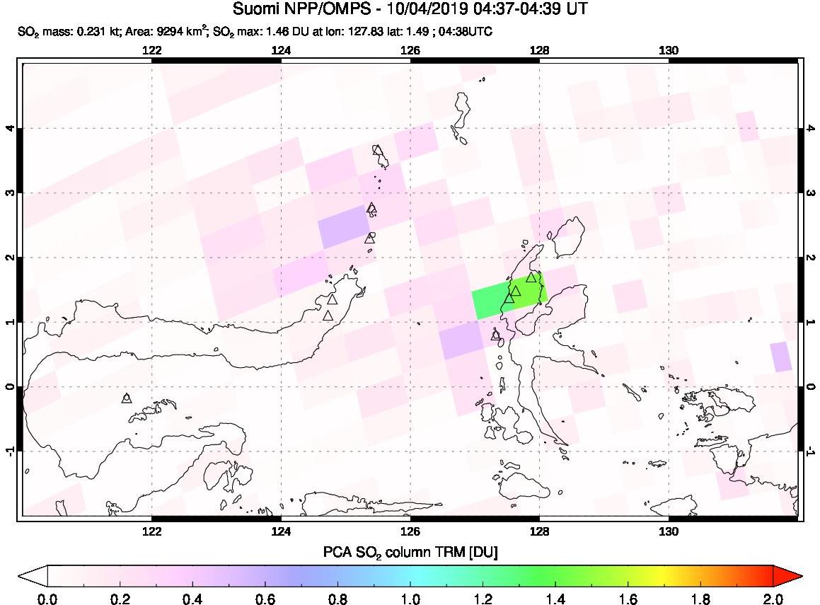 A sulfur dioxide image over Northern Sulawesi & Halmahera, Indonesia on Oct 04, 2019.