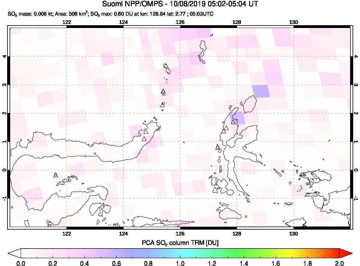 A sulfur dioxide image over Northern Sulawesi & Halmahera, Indonesia on Oct 08, 2019.