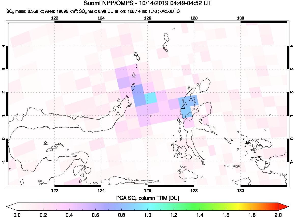 A sulfur dioxide image over Northern Sulawesi & Halmahera, Indonesia on Oct 14, 2019.