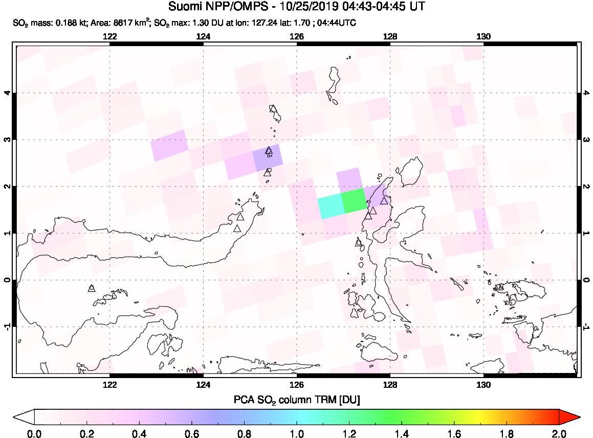 A sulfur dioxide image over Northern Sulawesi & Halmahera, Indonesia on Oct 25, 2019.