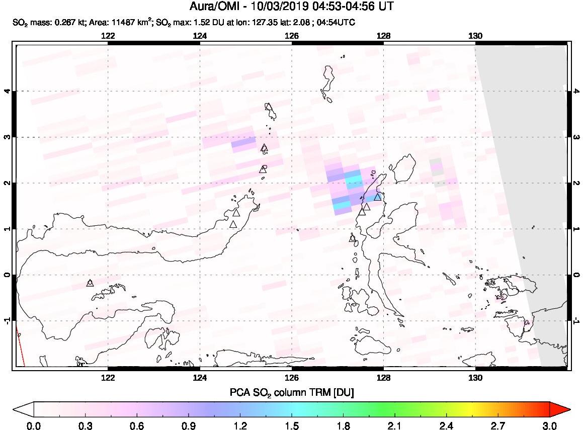 A sulfur dioxide image over Northern Sulawesi & Halmahera, Indonesia on Oct 03, 2019.