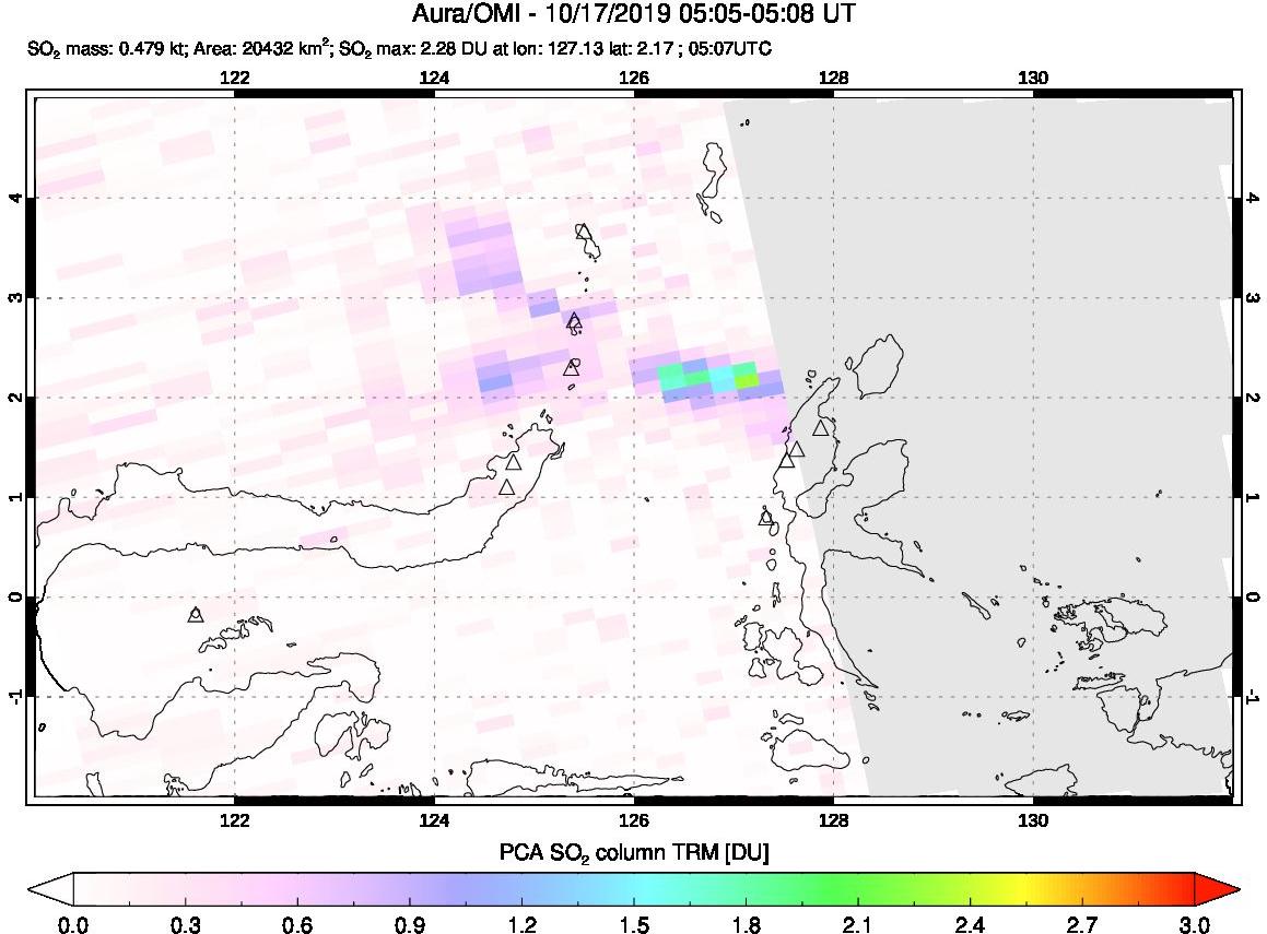 A sulfur dioxide image over Northern Sulawesi & Halmahera, Indonesia on Oct 17, 2019.