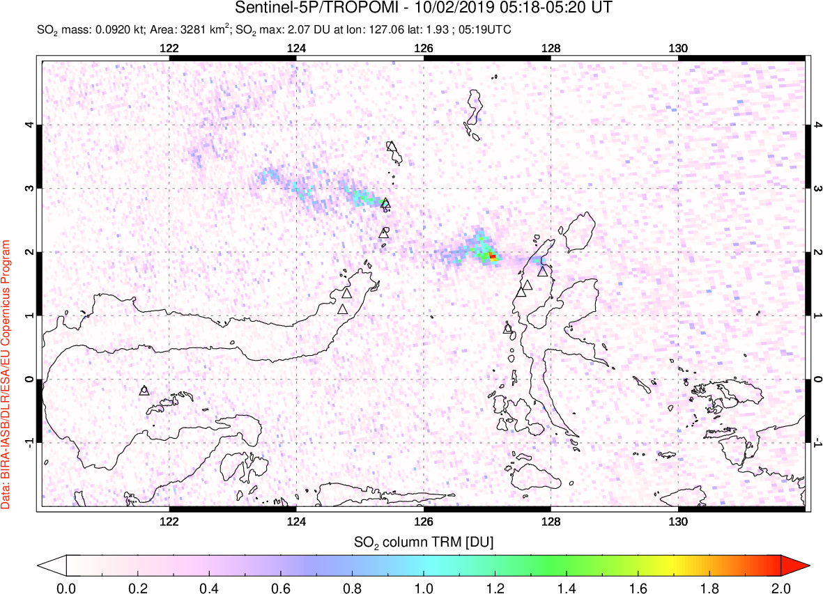 A sulfur dioxide image over Northern Sulawesi & Halmahera, Indonesia on Oct 02, 2019.