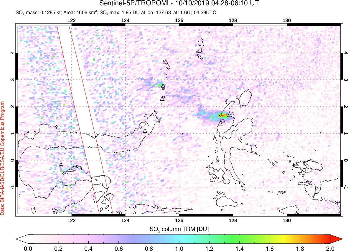 A sulfur dioxide image over Northern Sulawesi & Halmahera, Indonesia on Oct 10, 2019.