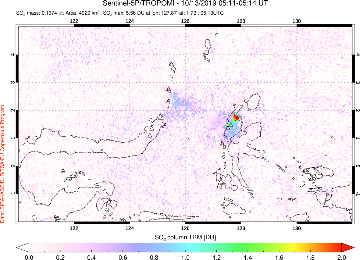 A sulfur dioxide image over Northern Sulawesi & Halmahera, Indonesia on Oct 13, 2019.