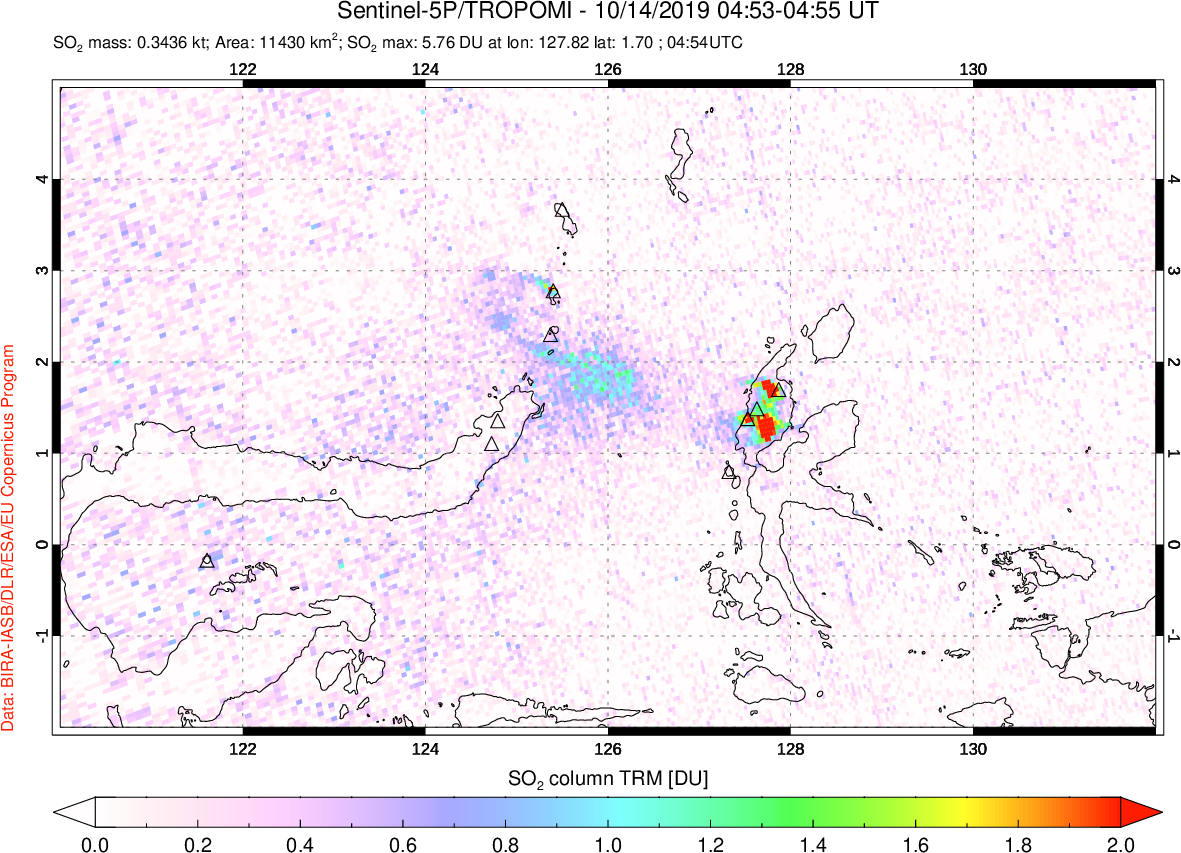 A sulfur dioxide image over Northern Sulawesi & Halmahera, Indonesia on Oct 14, 2019.