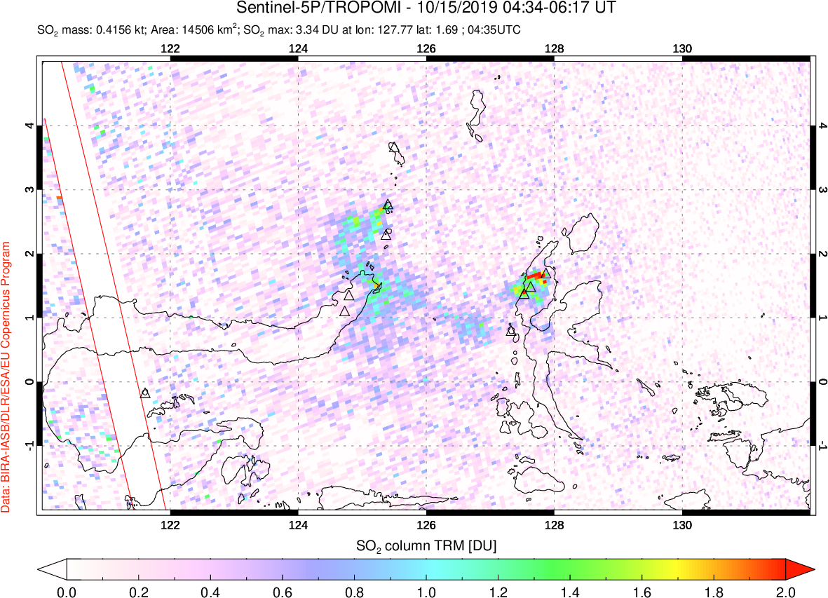 A sulfur dioxide image over Northern Sulawesi & Halmahera, Indonesia on Oct 15, 2019.