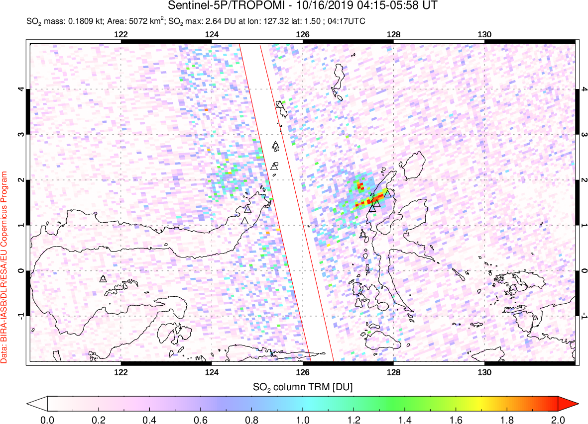 A sulfur dioxide image over Northern Sulawesi & Halmahera, Indonesia on Oct 16, 2019.