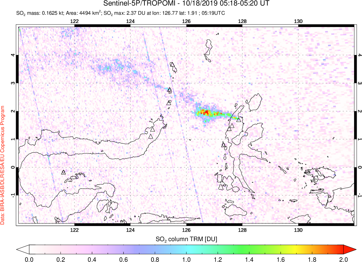 A sulfur dioxide image over Northern Sulawesi & Halmahera, Indonesia on Oct 18, 2019.