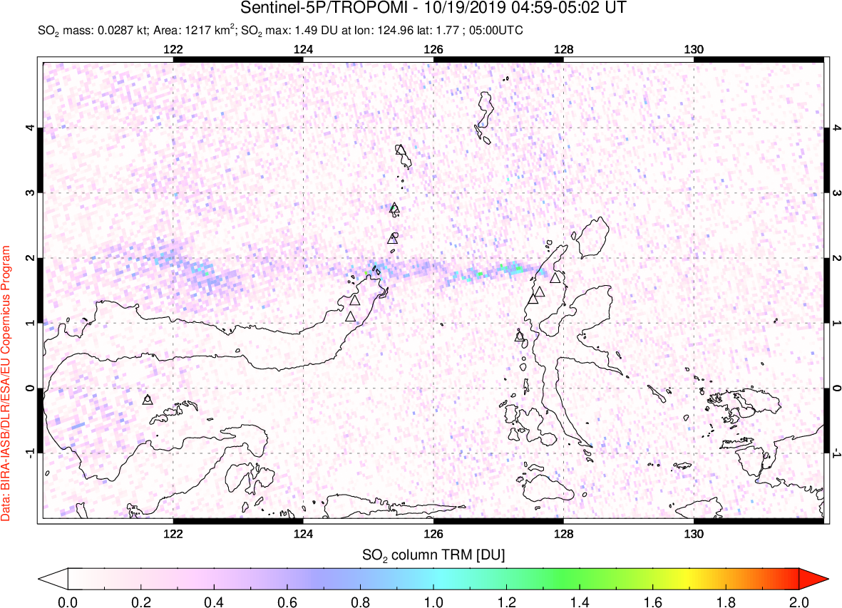 A sulfur dioxide image over Northern Sulawesi & Halmahera, Indonesia on Oct 19, 2019.