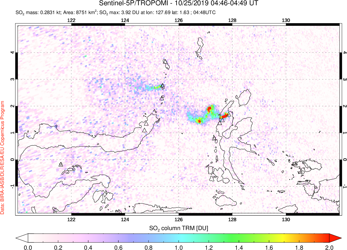 A sulfur dioxide image over Northern Sulawesi & Halmahera, Indonesia on Oct 25, 2019.
