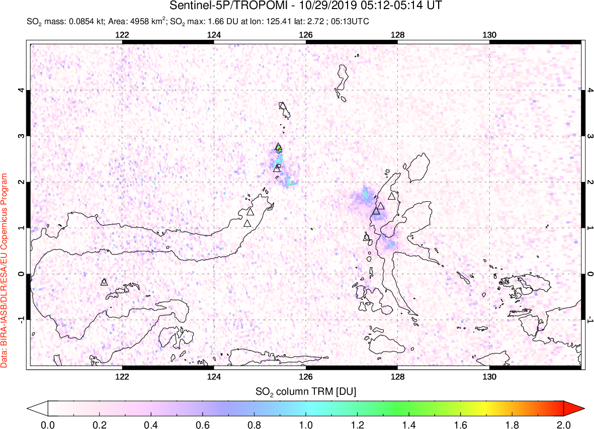 A sulfur dioxide image over Northern Sulawesi & Halmahera, Indonesia on Oct 29, 2019.