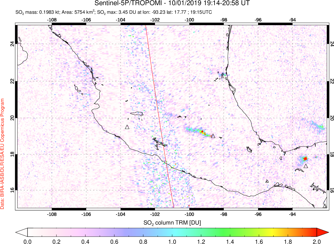 A sulfur dioxide image over Mexico on Oct 01, 2019.