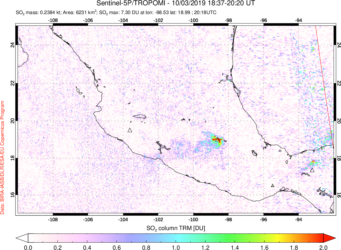 A sulfur dioxide image over Mexico on Oct 03, 2019.