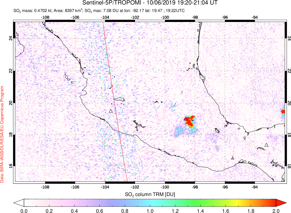 A sulfur dioxide image over Mexico on Oct 06, 2019.