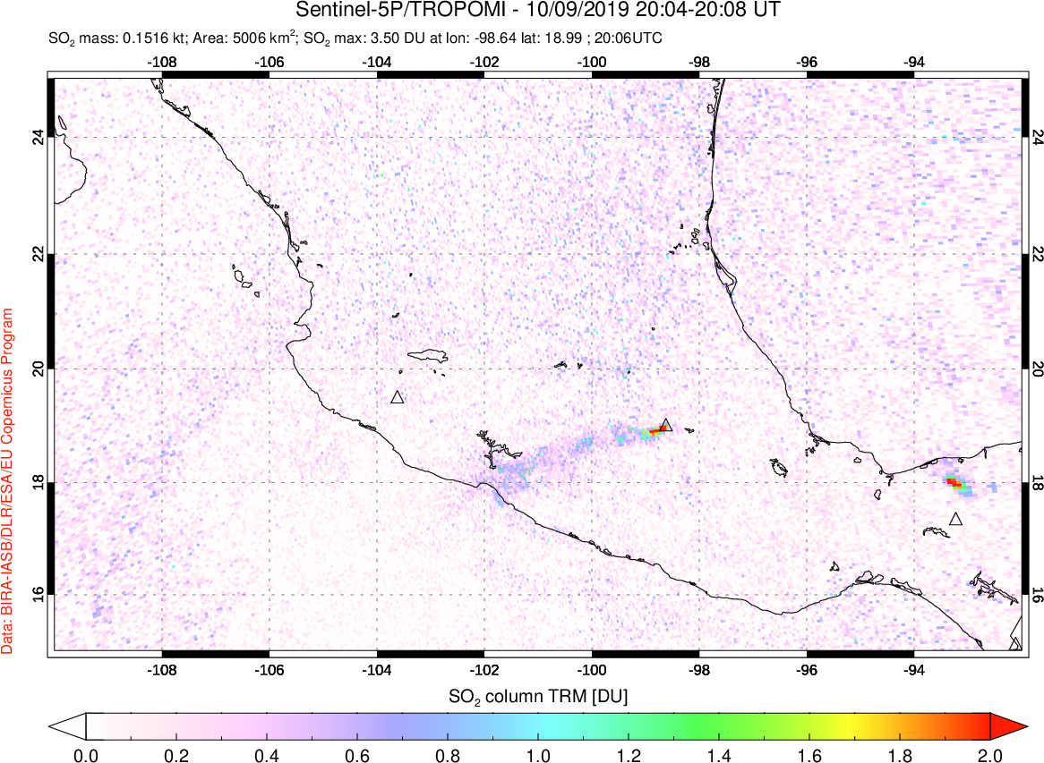 A sulfur dioxide image over Mexico on Oct 09, 2019.