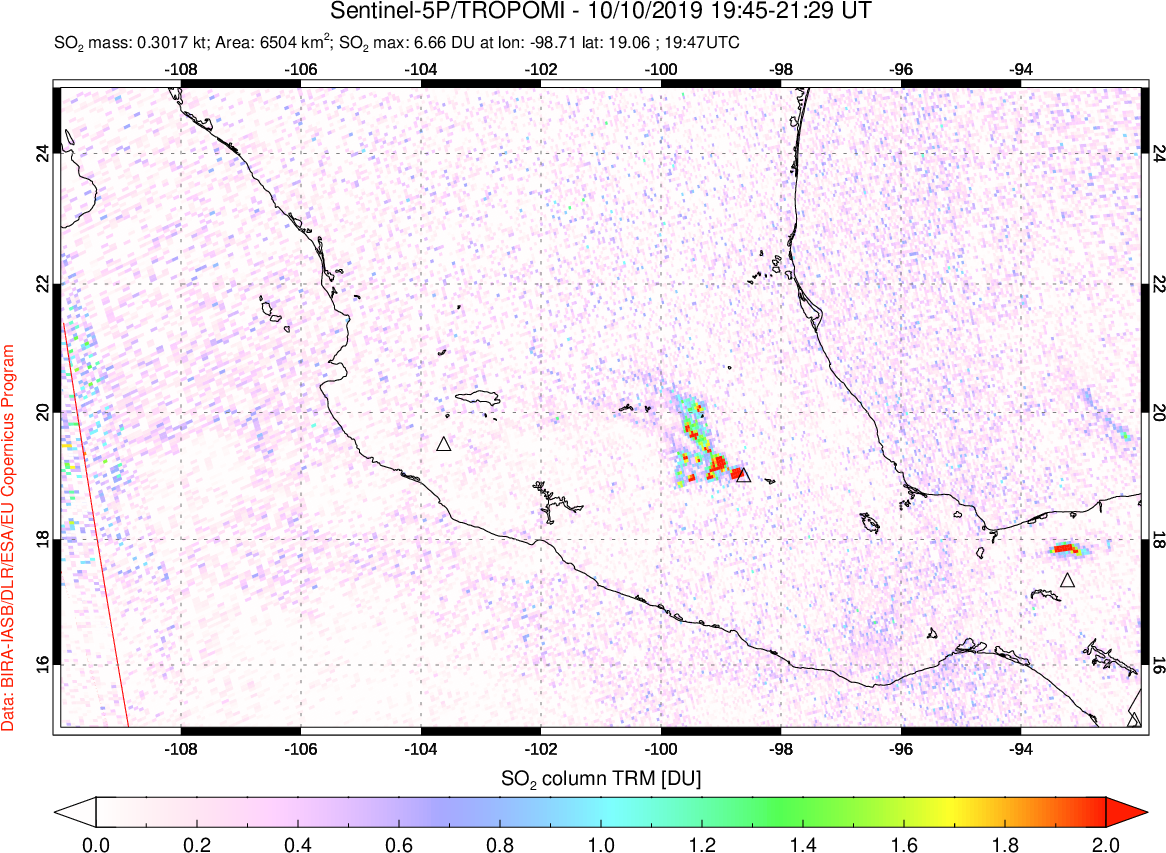 A sulfur dioxide image over Mexico on Oct 10, 2019.