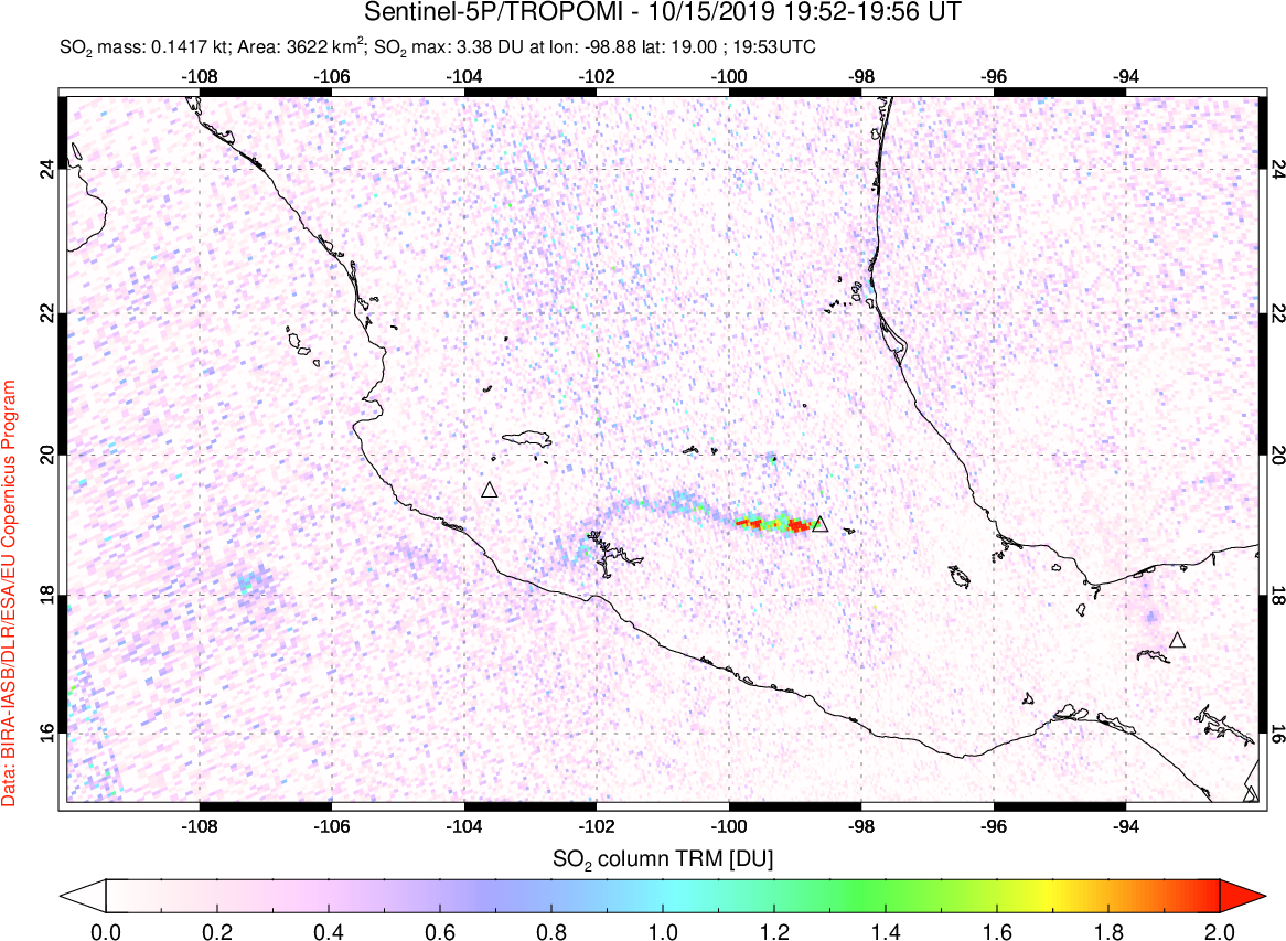 A sulfur dioxide image over Mexico on Oct 15, 2019.