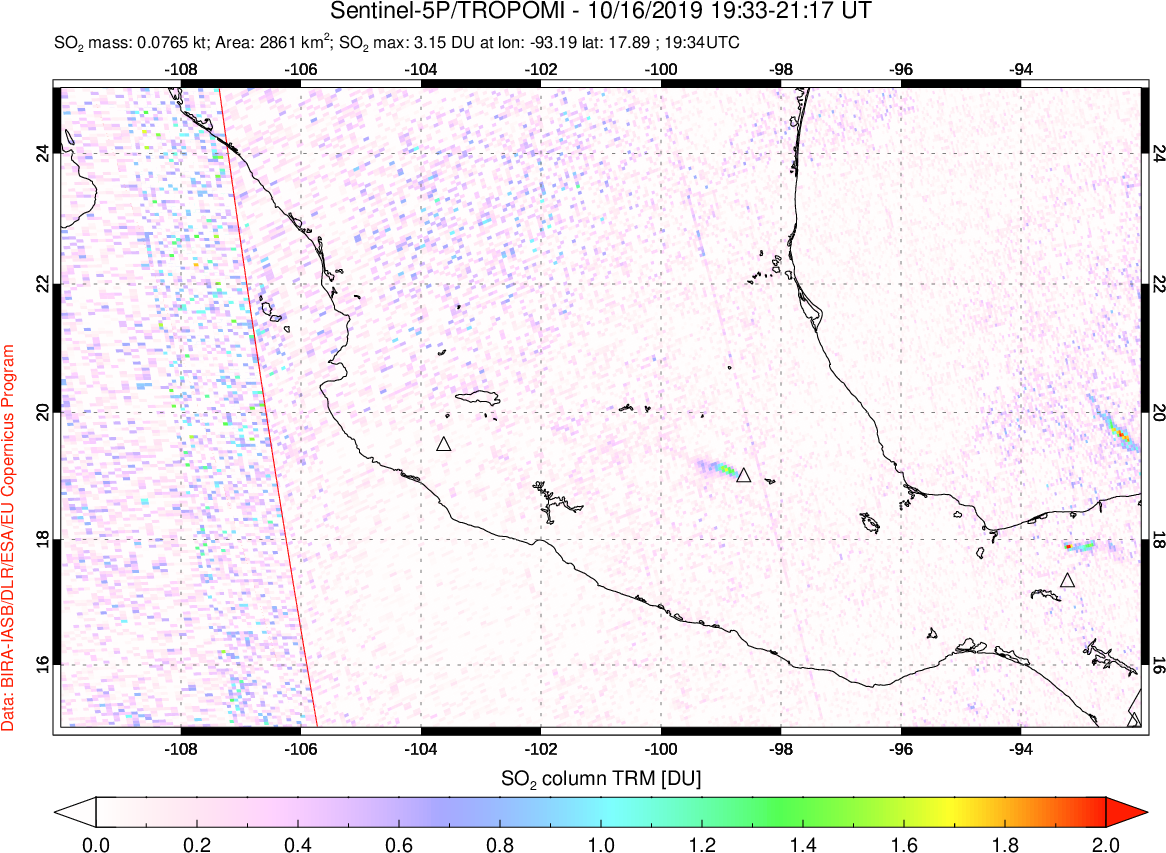 A sulfur dioxide image over Mexico on Oct 16, 2019.