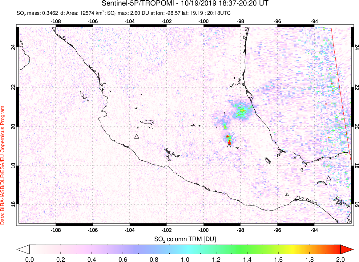 A sulfur dioxide image over Mexico on Oct 19, 2019.