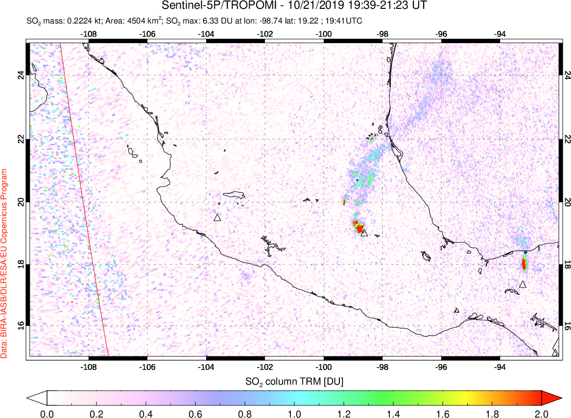 A sulfur dioxide image over Mexico on Oct 21, 2019.