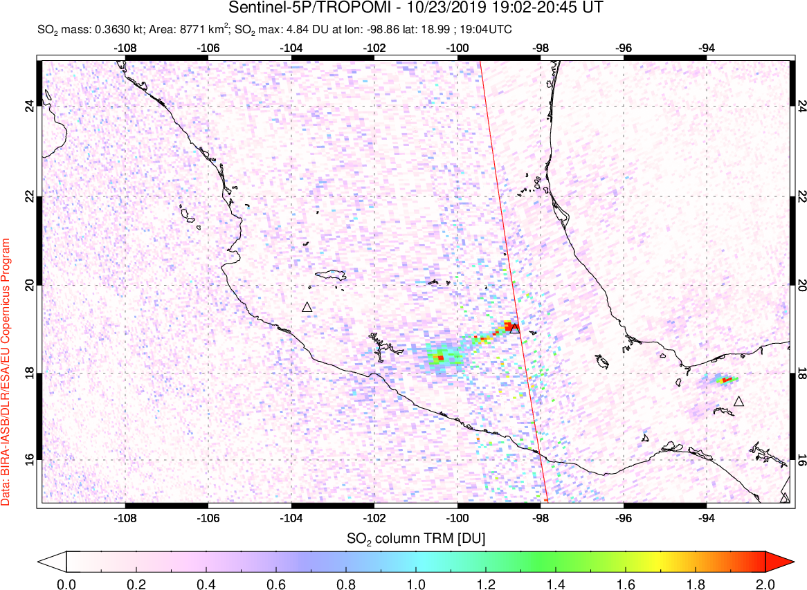 A sulfur dioxide image over Mexico on Oct 23, 2019.