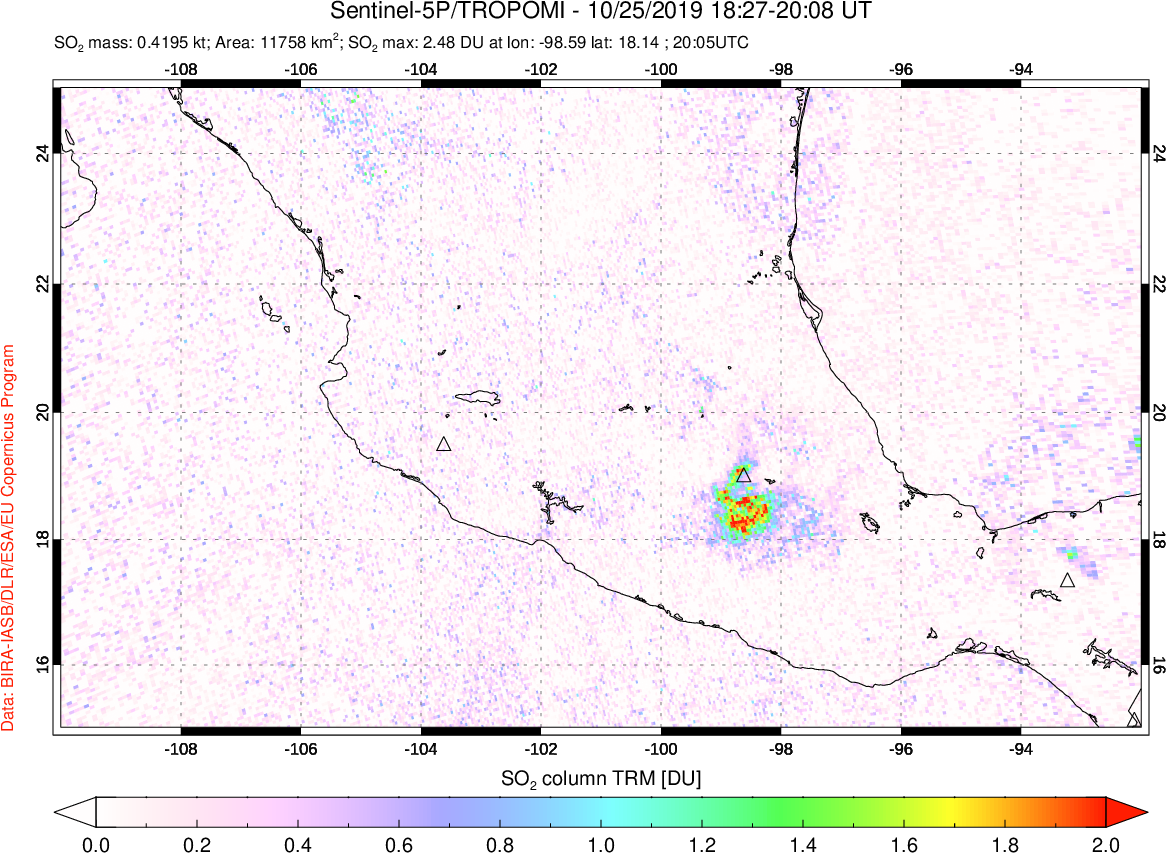 A sulfur dioxide image over Mexico on Oct 25, 2019.
