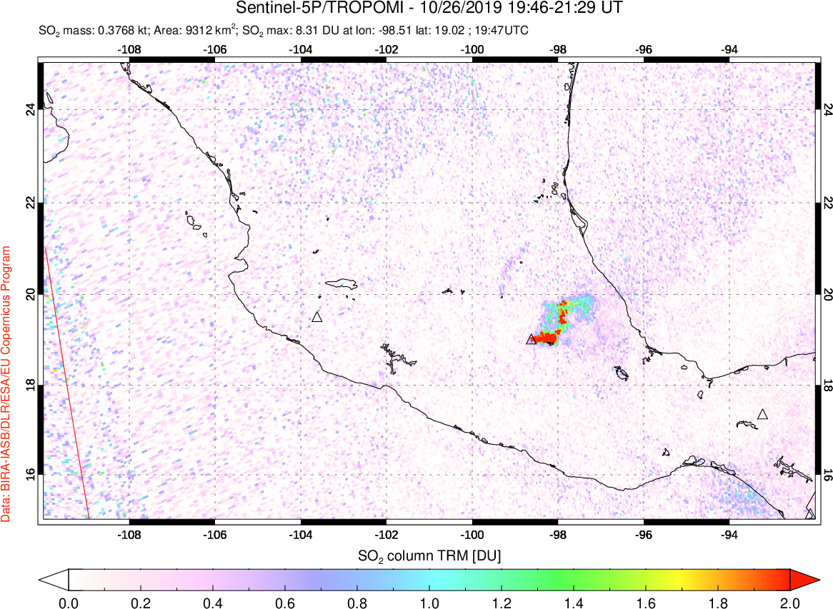 A sulfur dioxide image over Mexico on Oct 26, 2019.